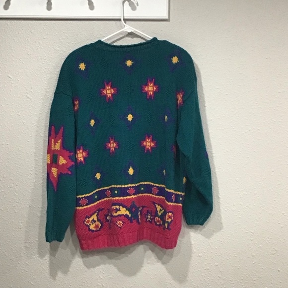 Vtg Izod Hand-Knitted Chunky Cardigan Sweater Women’s L Aztec Pattern Knitwear - Picture 4 of 5